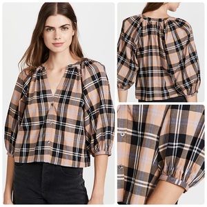 STAUD Plaid Button-Front Puff-Sleeve Top in Tan, Black & Cream